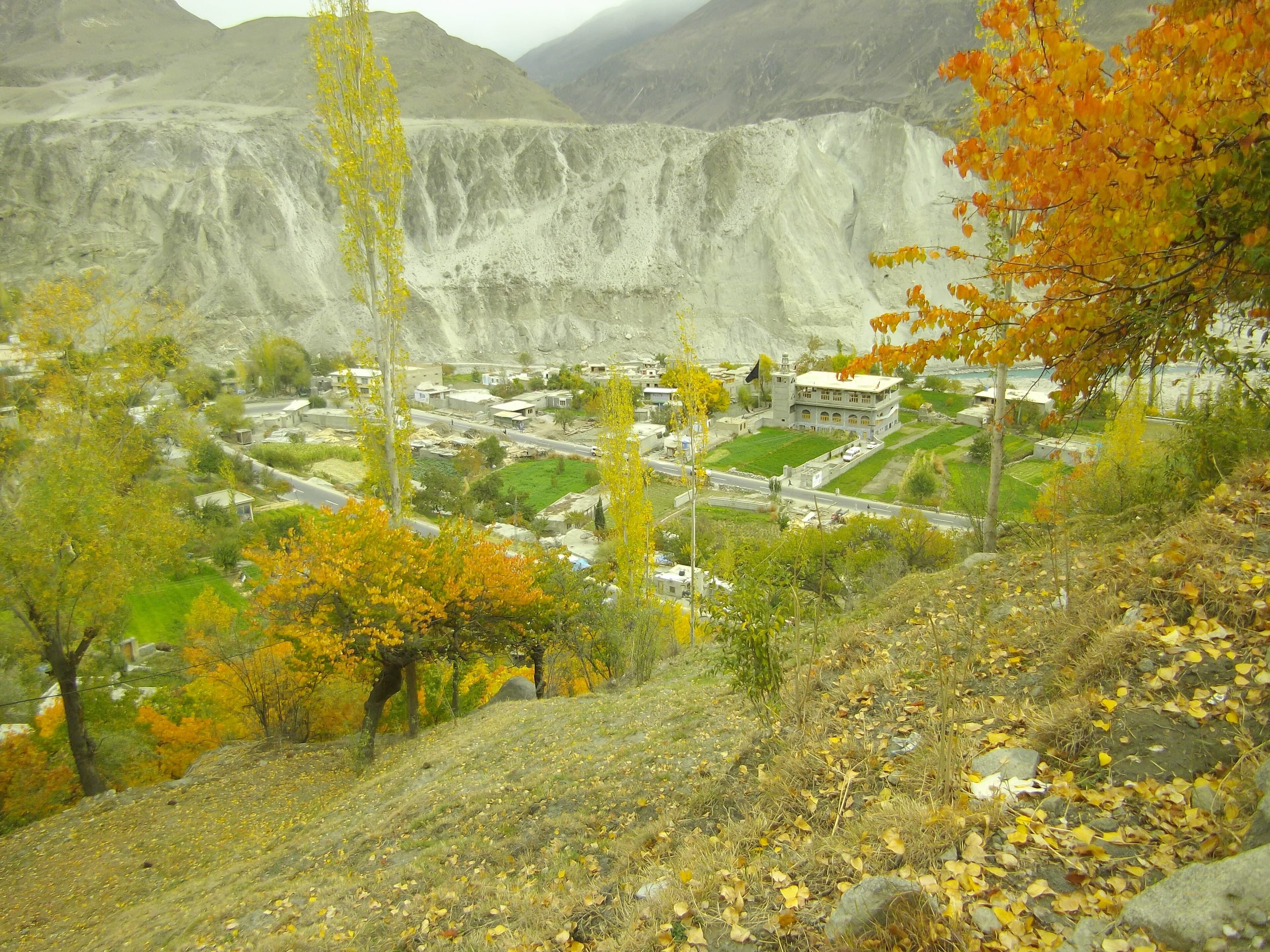 Old watchtowers and carved wooden mosques around the pond in Ganish village, Hunza