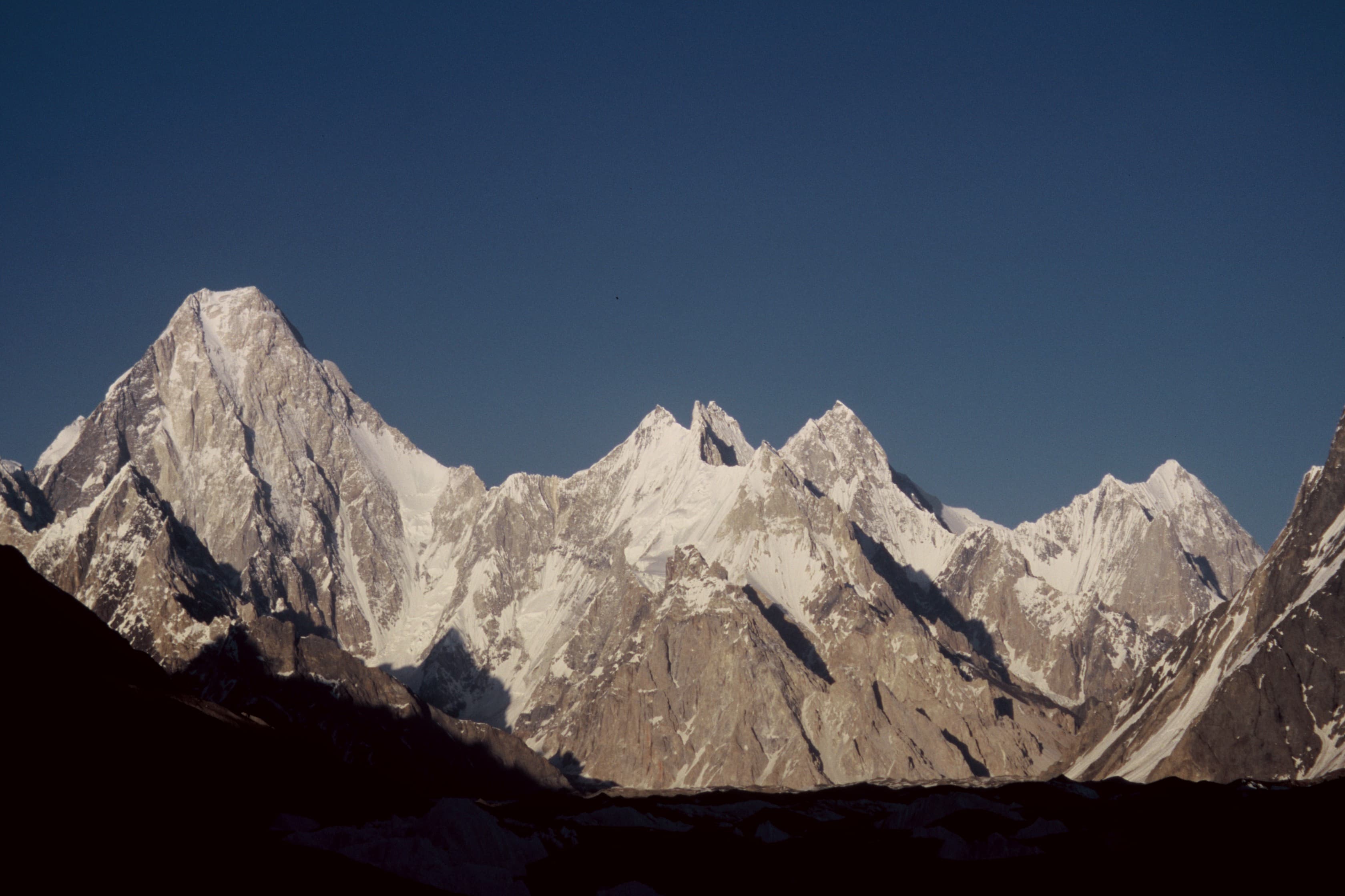 The Gasherbrum massif rising above the upper Baltoro Glacier in the Karakoram