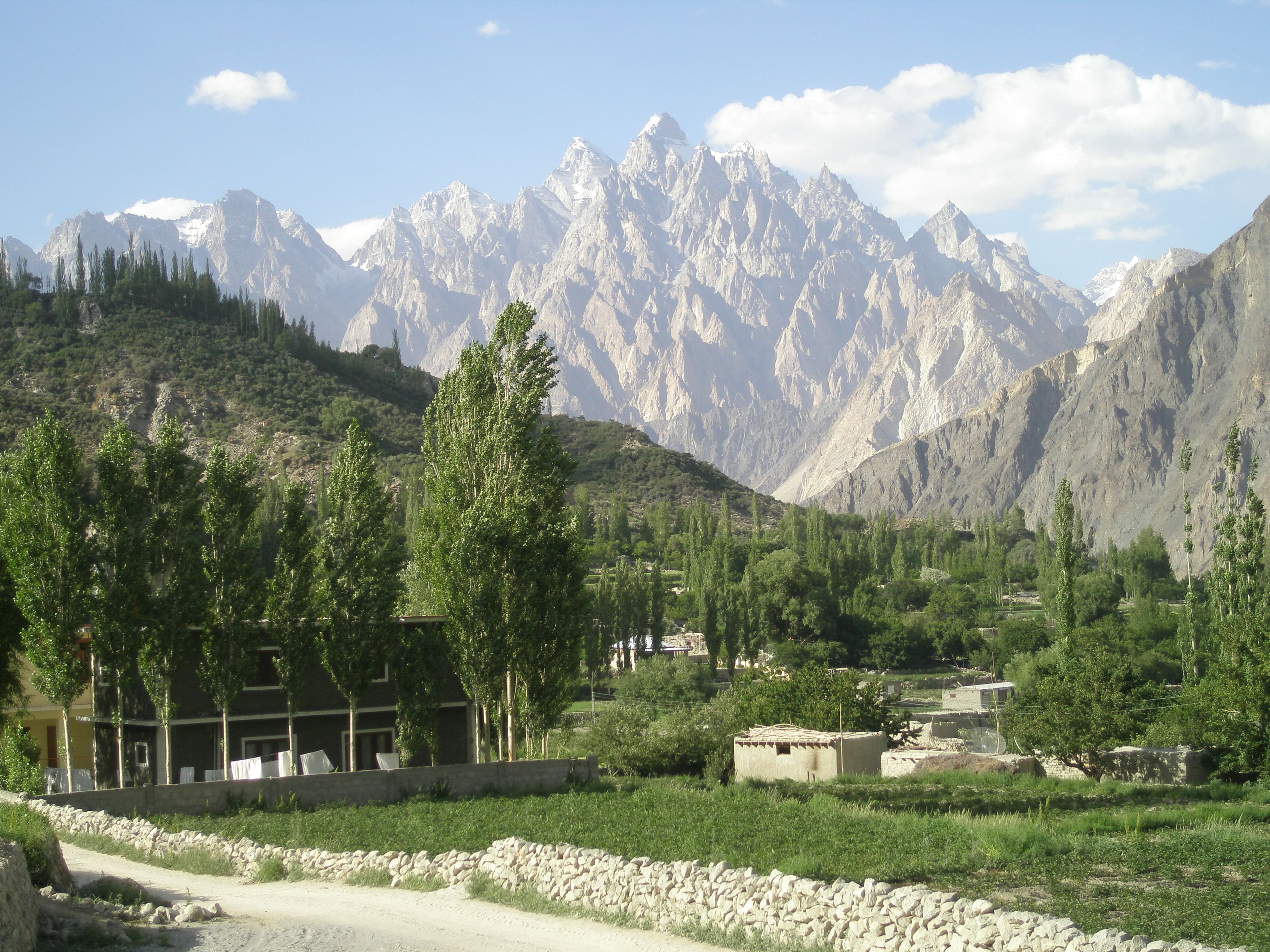 Gulmit village fields in upper Hunza with the Passu Cones in the distance