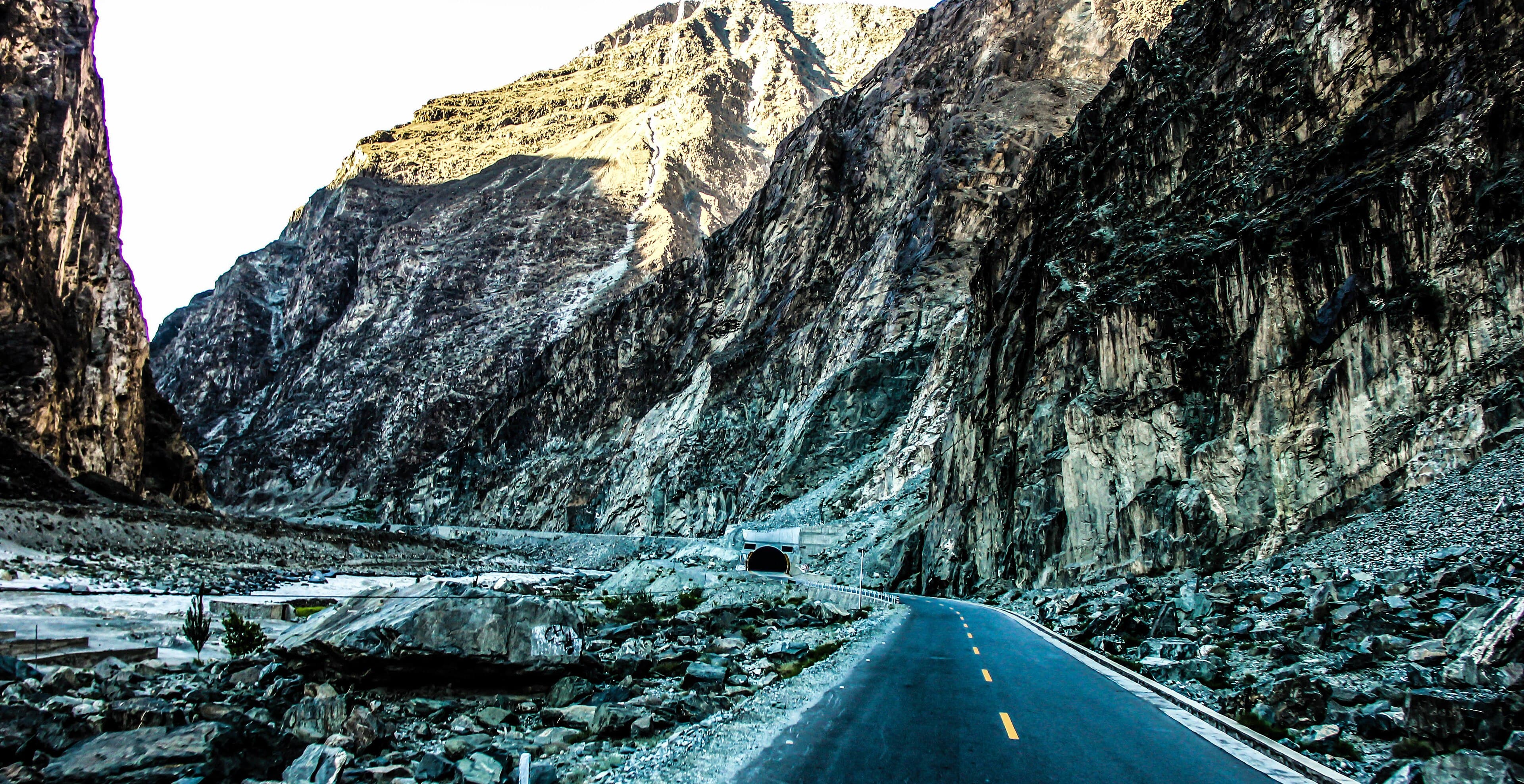 The Karakoram Highway winding beneath high peaks
