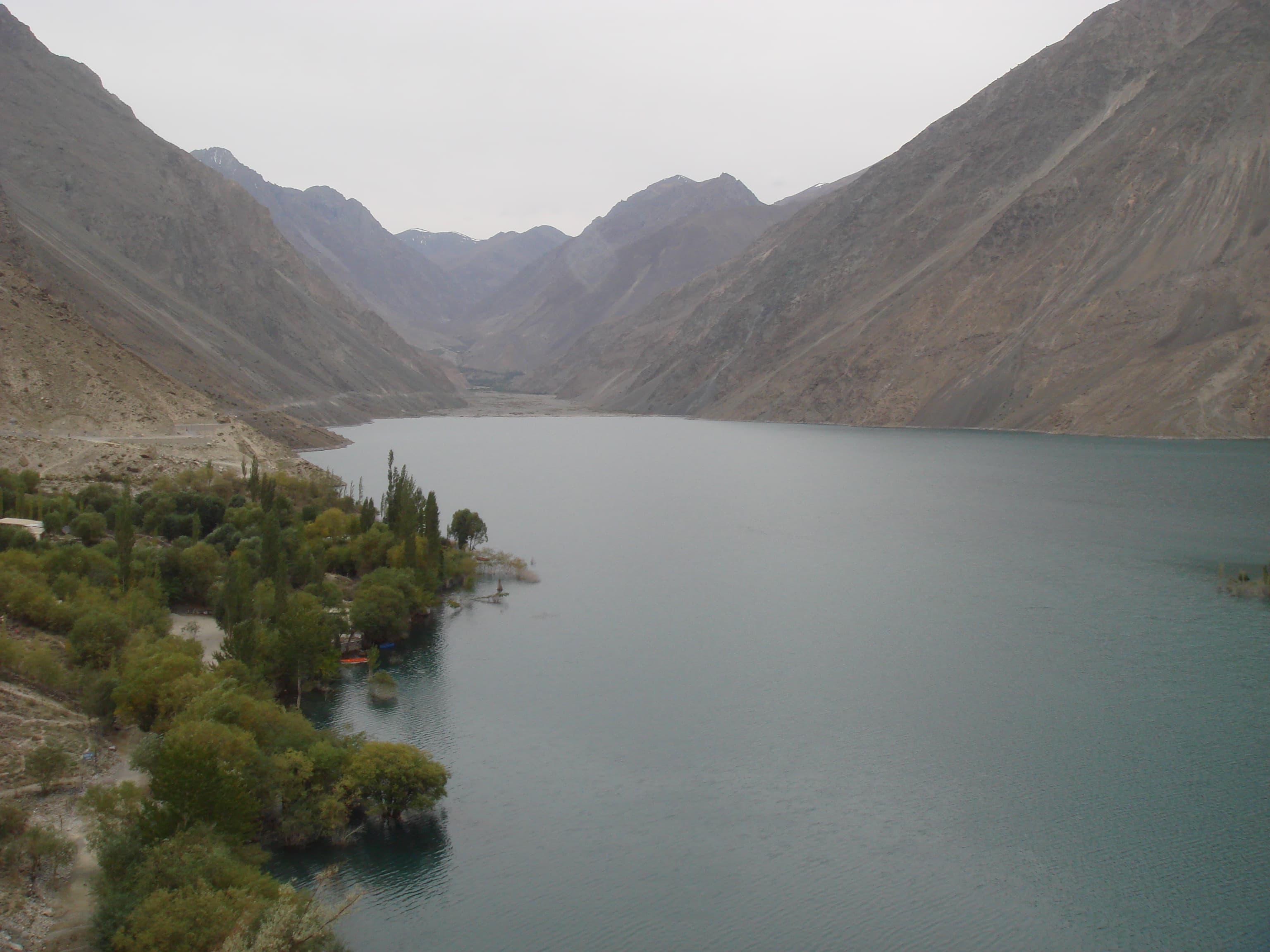 Deep blue water of Satpara Lake in the mountains above Skardu